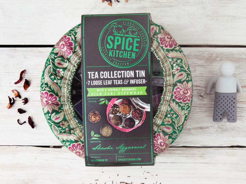 7 Loose Leaf Tea  Gift Set Tin with Silk Sari Wrap and Tea Diffuser