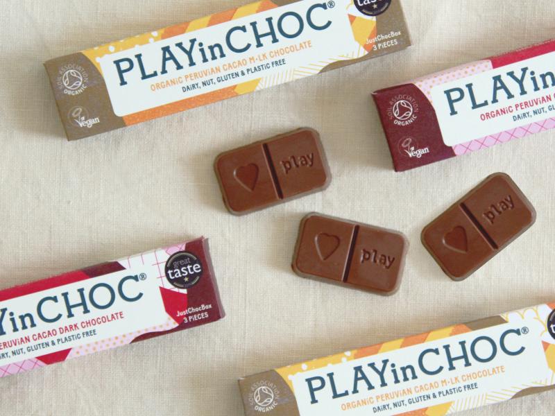 PLAYin CHOC makes multi-award winning organic chocolate which is free from 14 allergens.