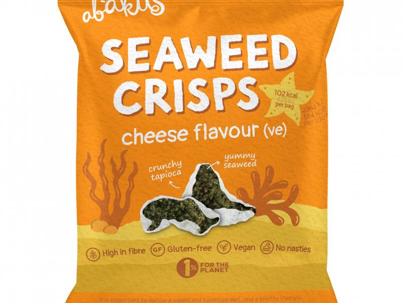 an orange coloured bag of seaweed crisps, cheese flavour (vegan)