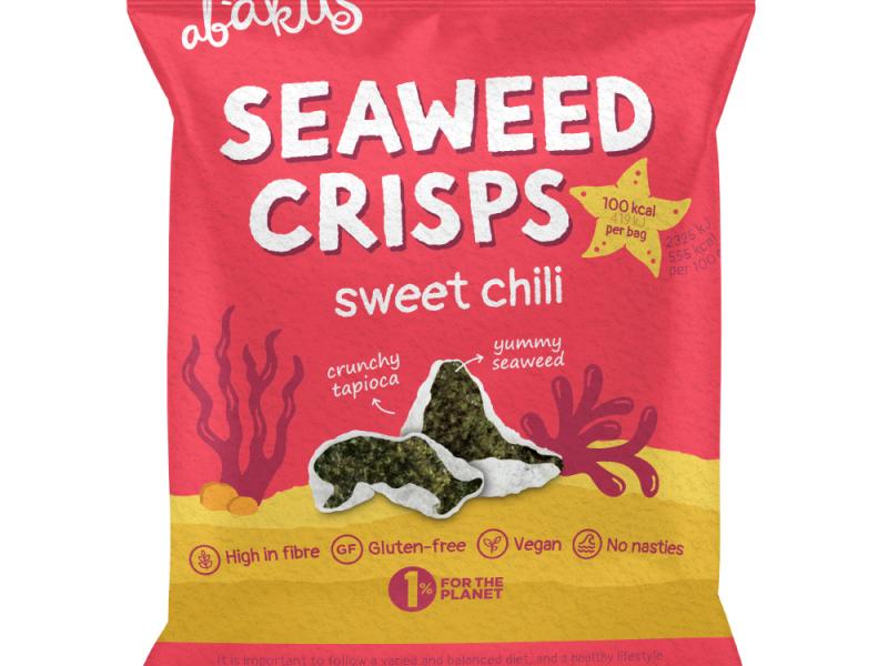 a red coloured bag of seaweed crisps, sweet chili flavour 